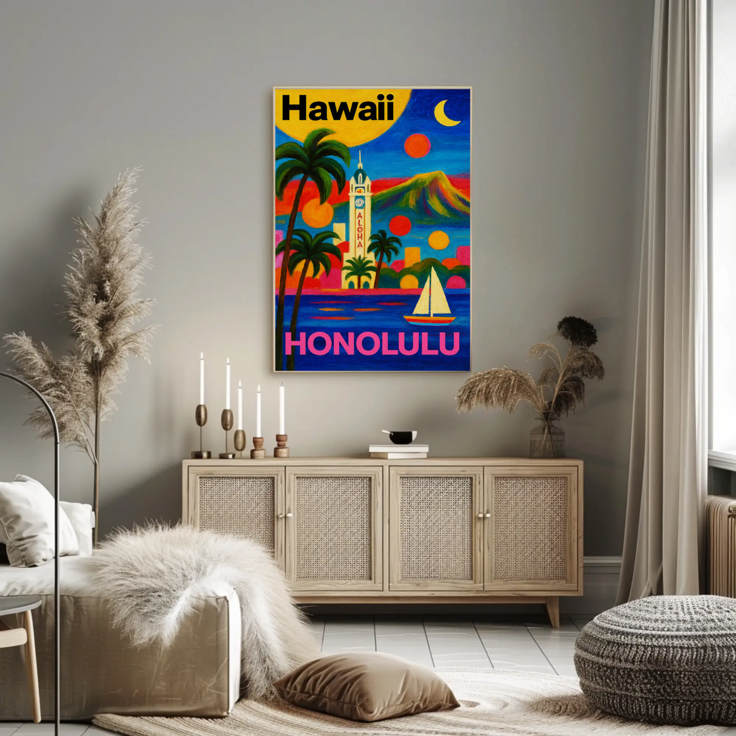 Honolulu Hawaii Tower View With Sunset Colors Travel Poster