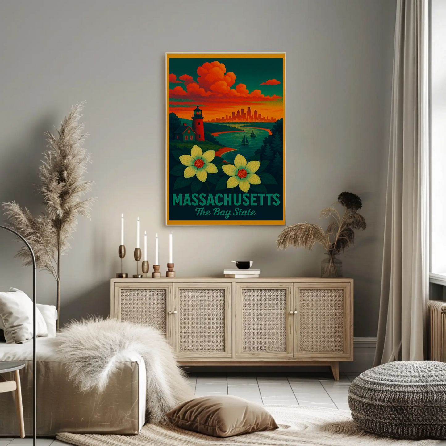 Massachusetts Bay State Sunset Lighthouse Flowers Poster
