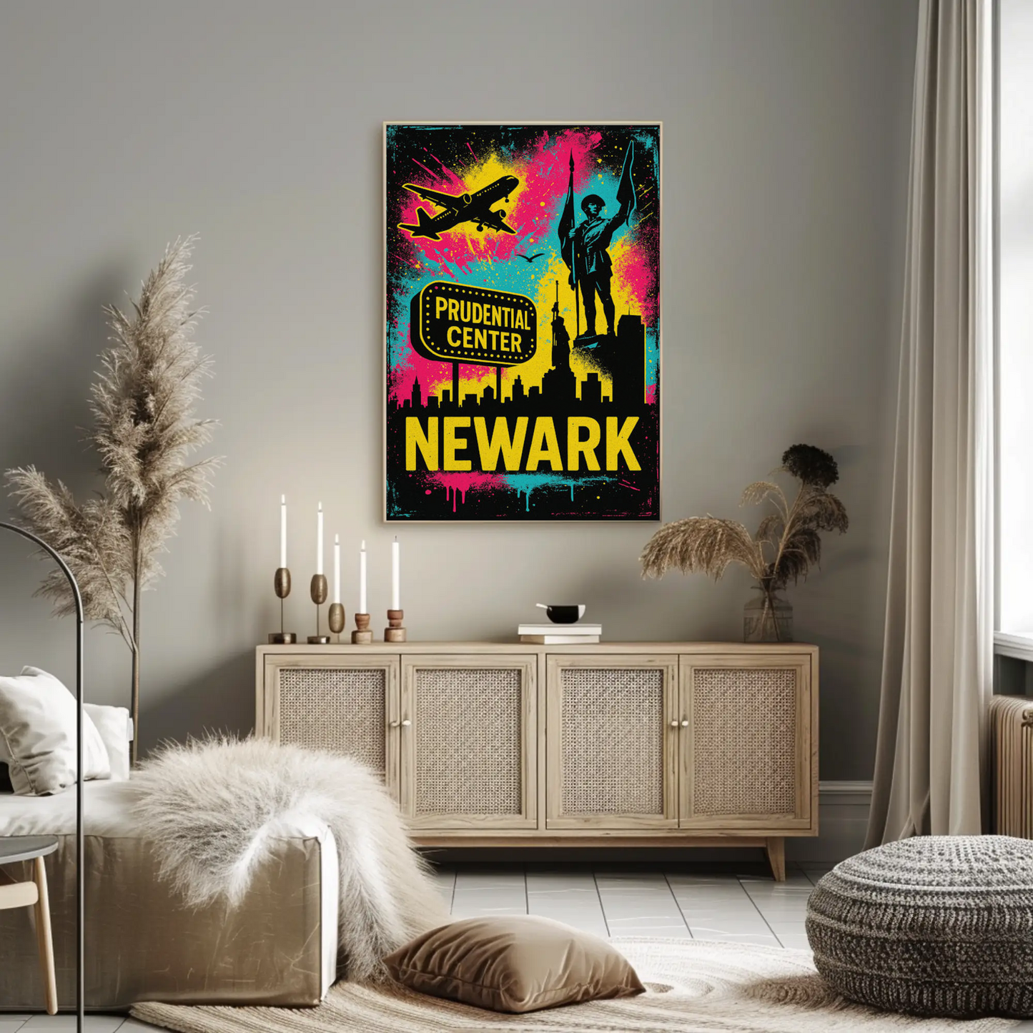 Newark New Jersey Neon Prudential Center Skyline Travel Poster