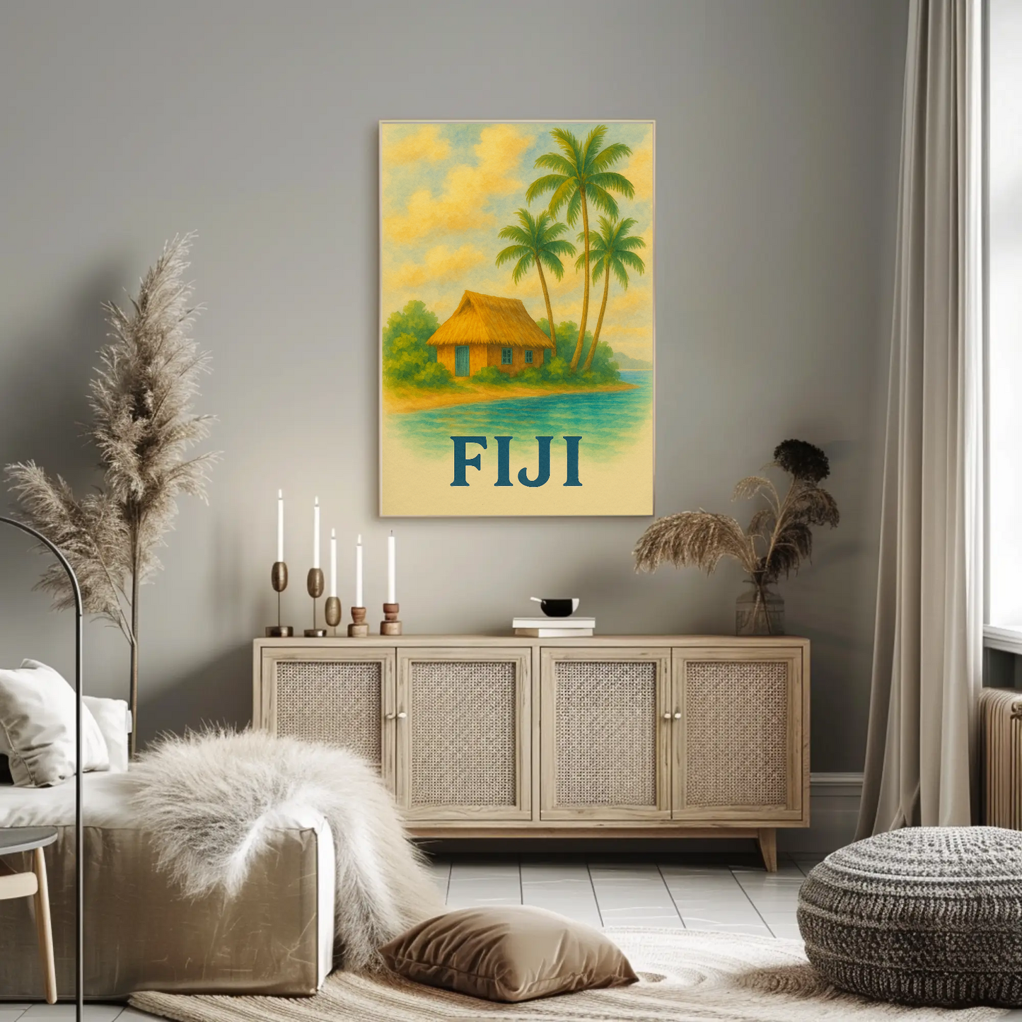Fiji Tropical Hut Coastline Travel Poster