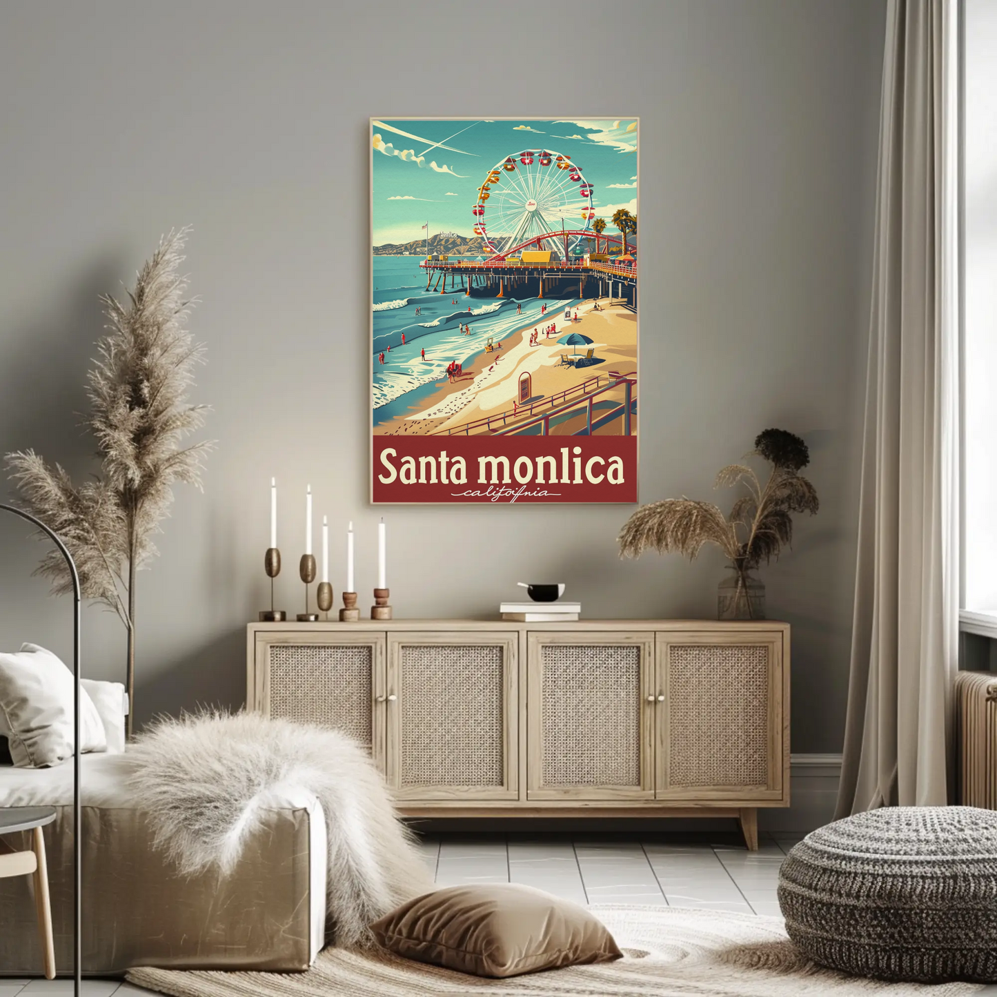 Santa Monica California Ferris Wheel Oceanfront View Travel Poster