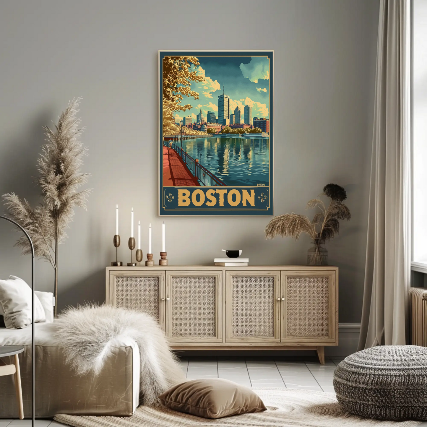 Boston Waterfront Skyline City Buildings Travel Poster