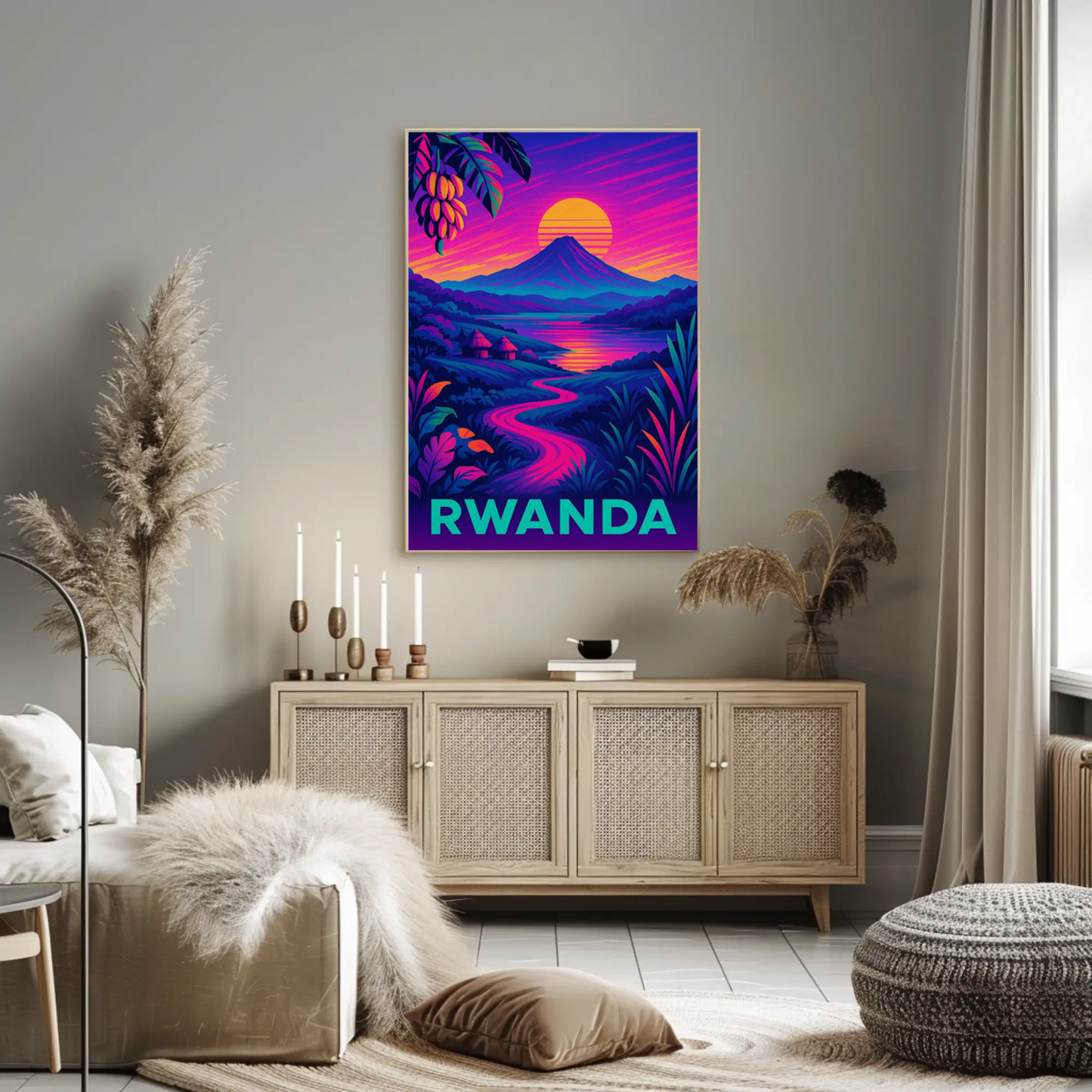 Rwanda Neon Night Valley Sunset Travel Poster