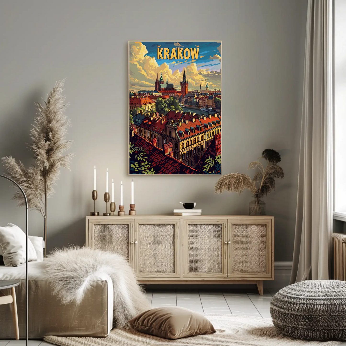 Evening Skyline Krakow Poland Travel Poster