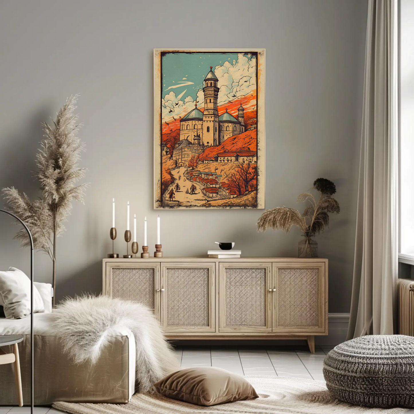 Eastern Fortress And Red Sunset Village Travel Poster