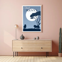 Kenya Silhouette Travel Print with Majestic Lions and Moonlight