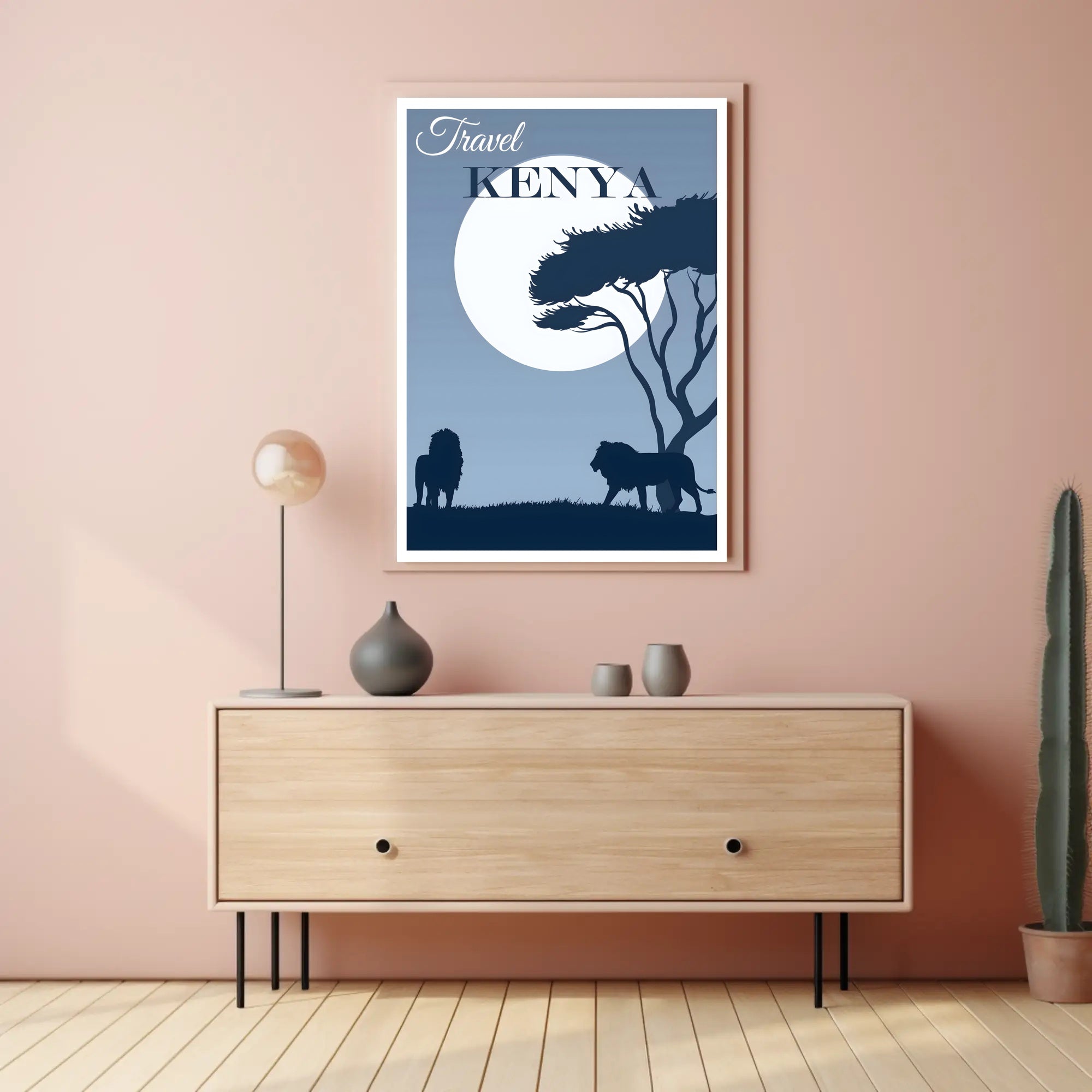 Kenya Silhouette Travel Print with Majestic Lions and Moonlight