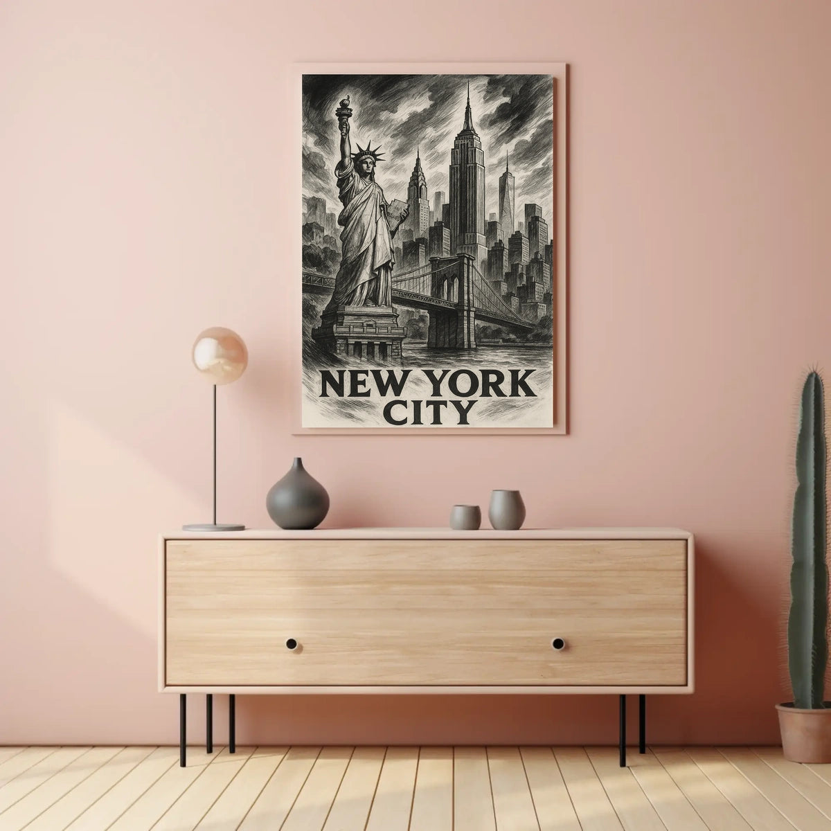 New York City Poster Vintage Sketch Landmarks Wall Art