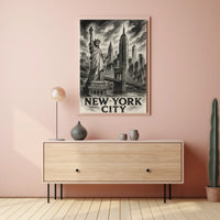 New York City Poster Vintage Sketch Landmarks Wall Art
