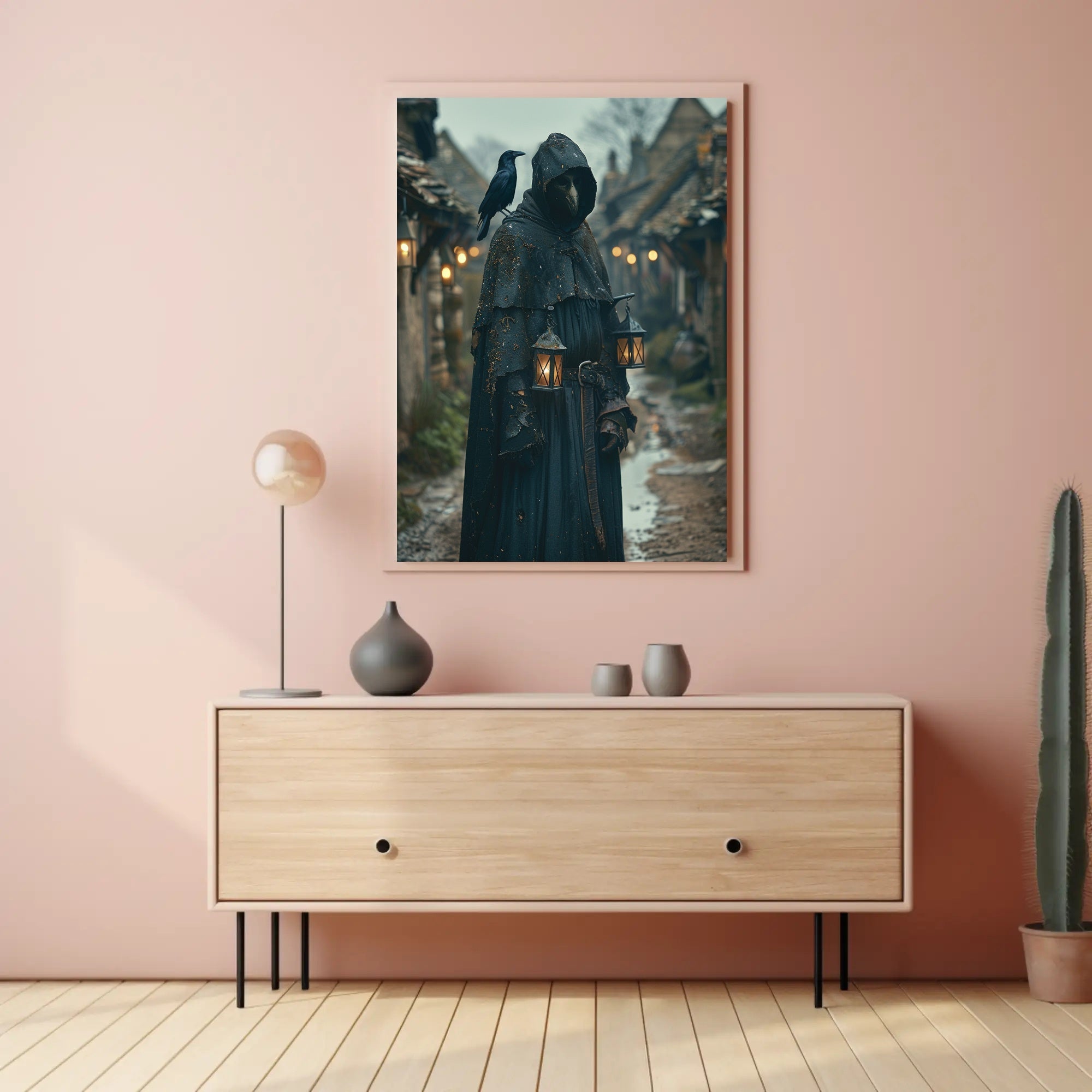 Mysterious Medieval Village Artwork with Plague Doctor Fantasy Poster PosterGoat