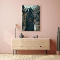 Mysterious Medieval Village Artwork with Plague Doctor Fantasy Poster PosterGoat