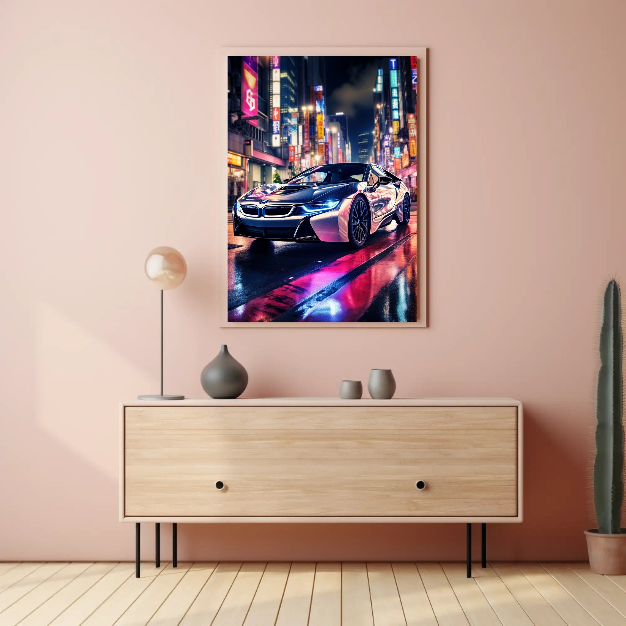 Futuristic Elegance on Neon Streets Poster PosterGoat