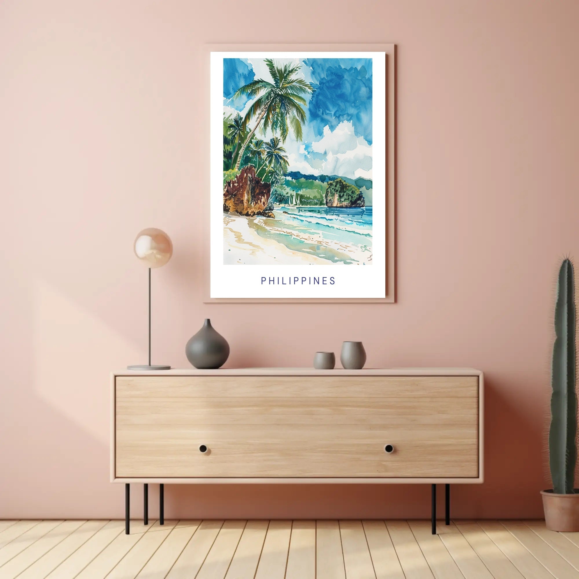 Tropical Beach Serenity: Vibrant Watercolor Travel Poster PosterGoat