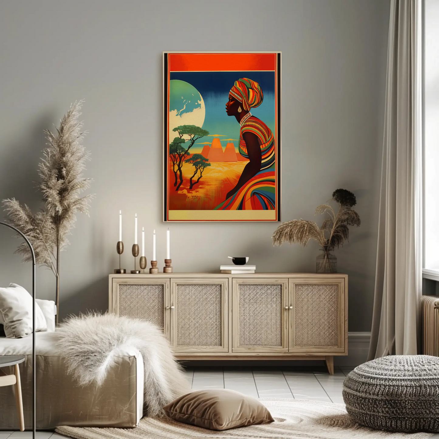 African Woman Desert Moon Landscape Travel Poster