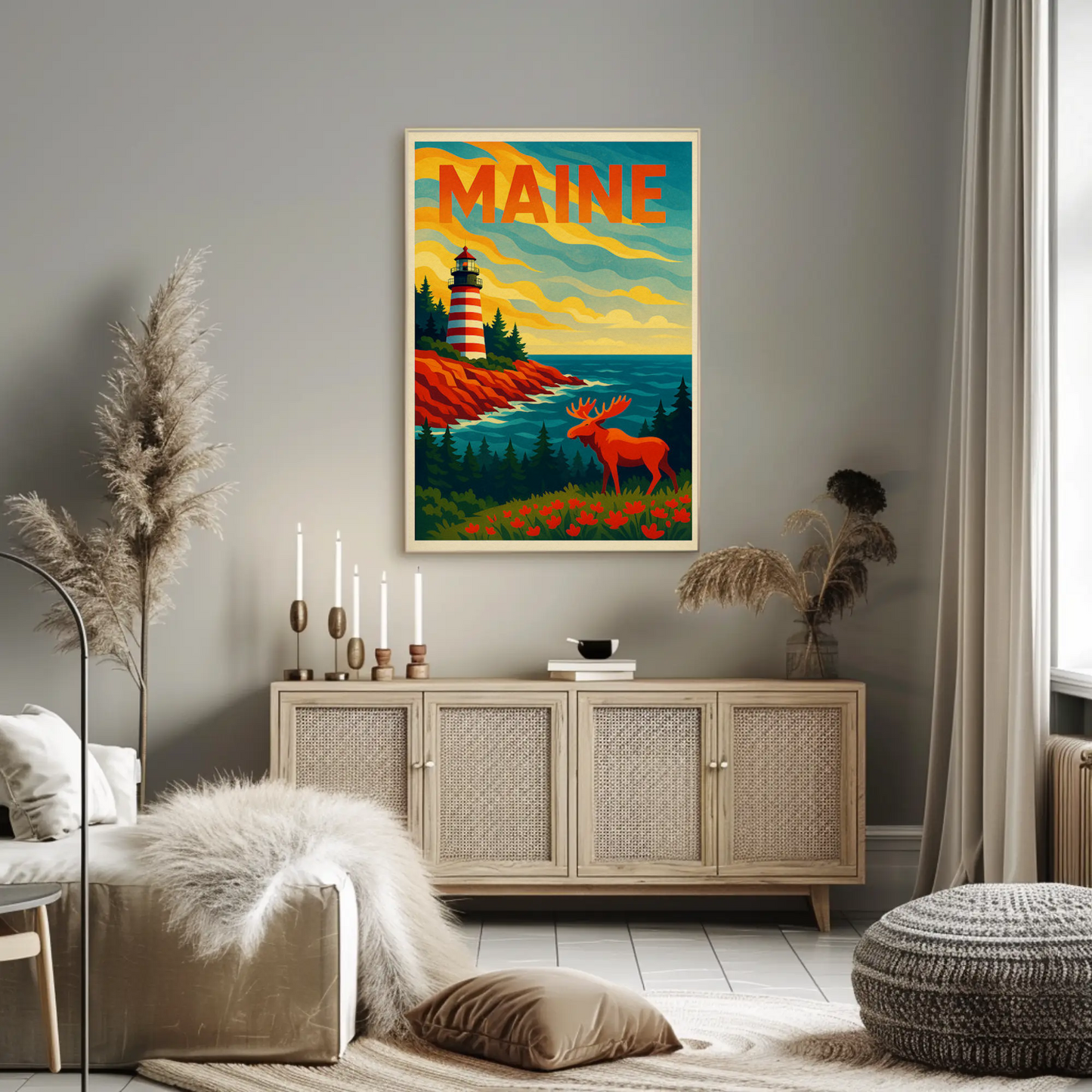 Maine Lighthouse Moose Forest Coastal View Poster