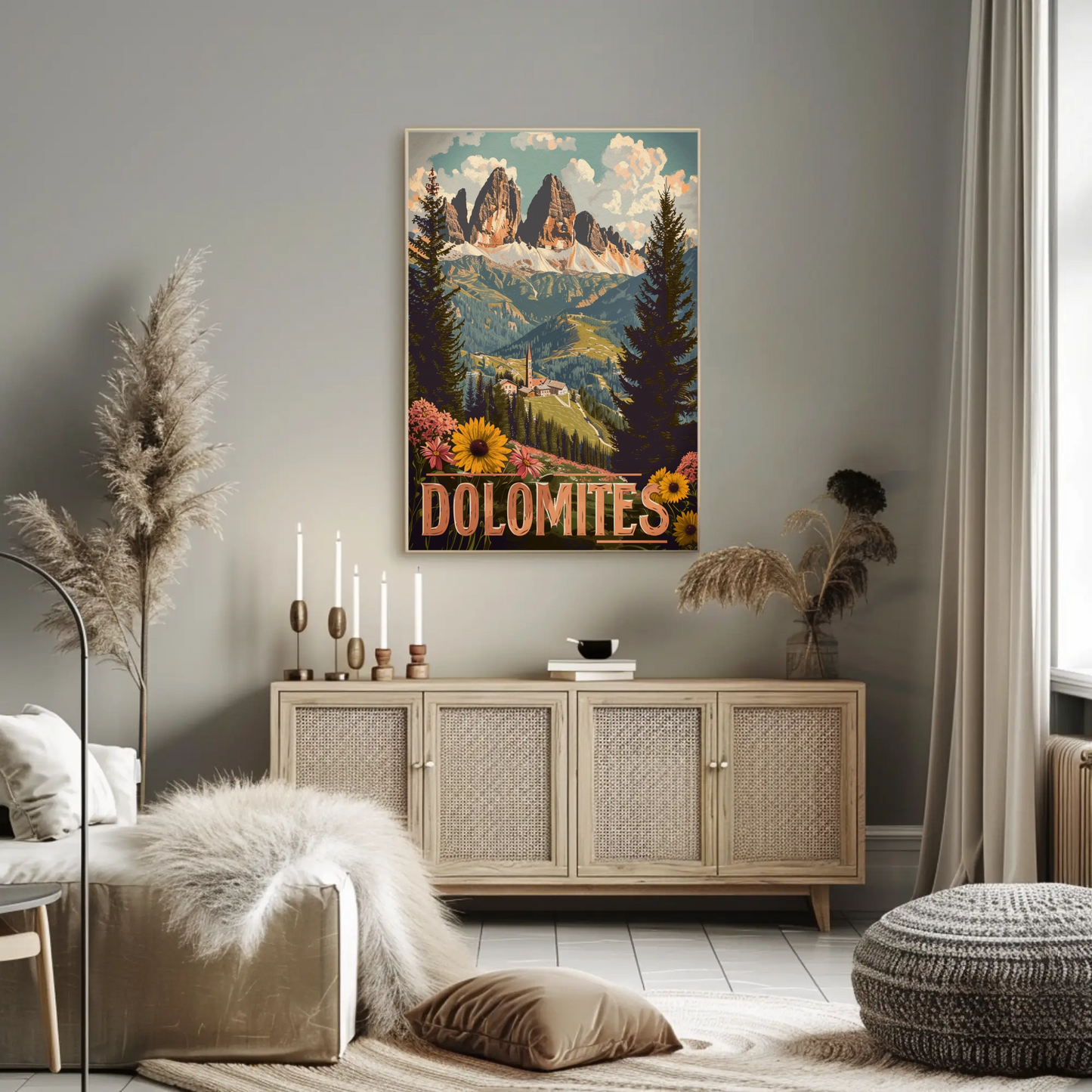 Dolomites Village Flower Meadow Travel Poster