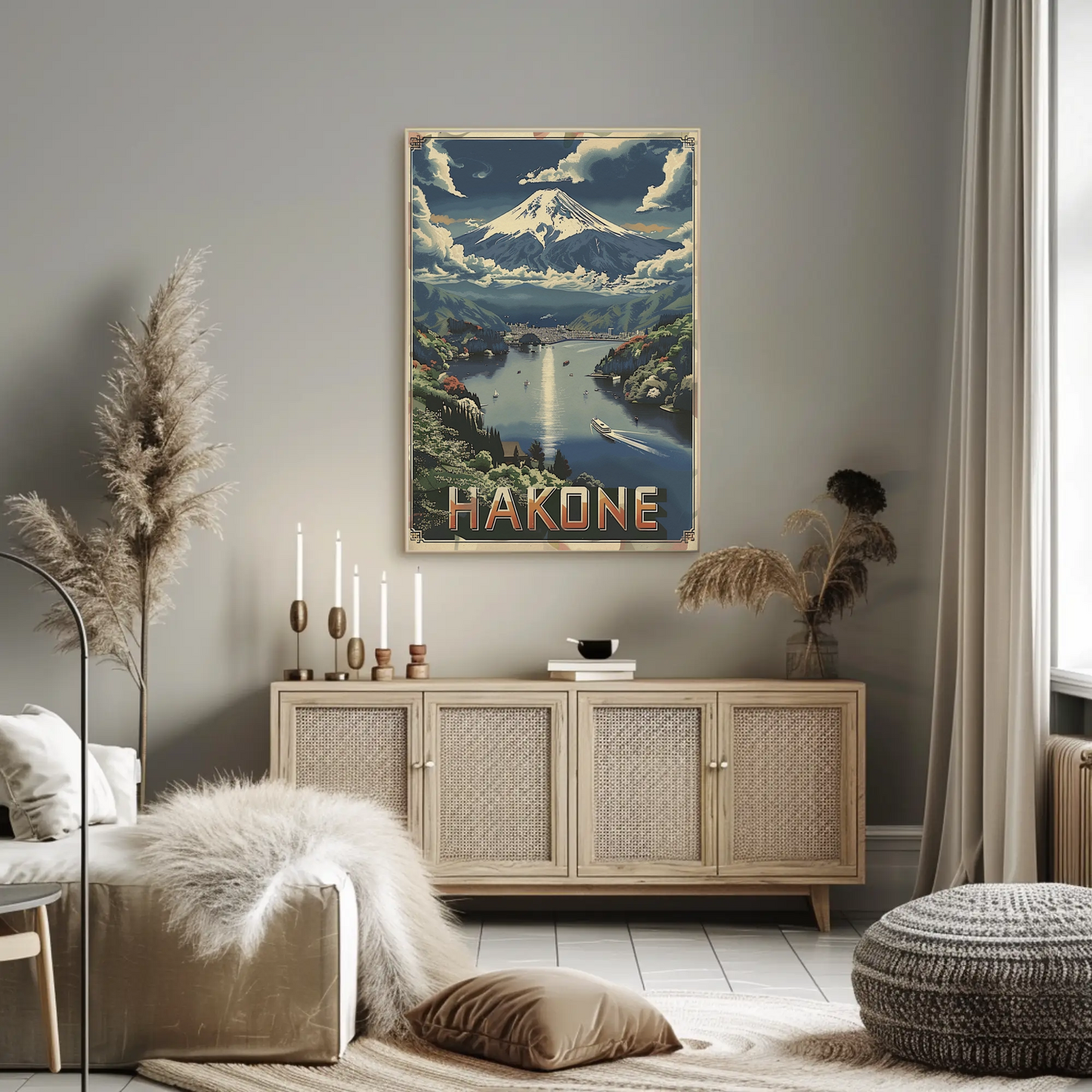 Hakone Japan Sailboat Lake Fuji Peaceful Scene Travel Poster