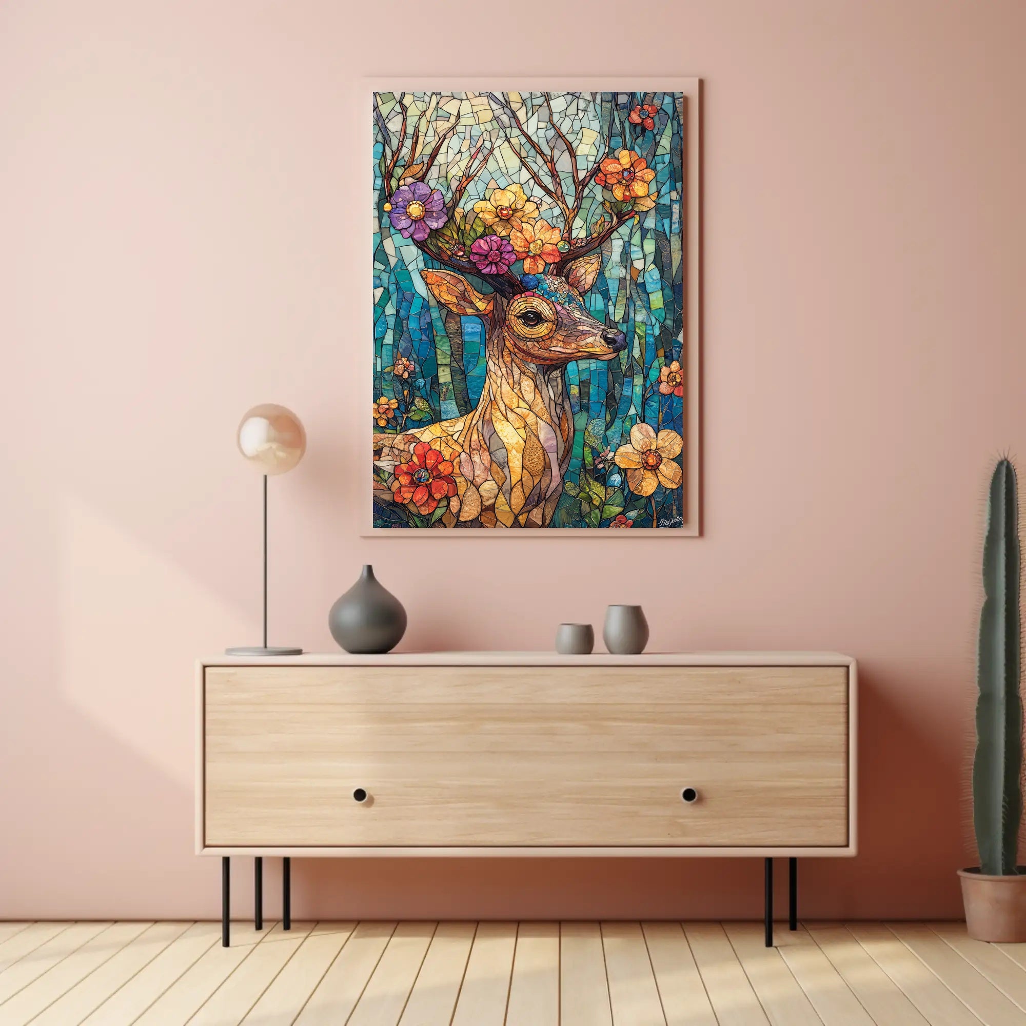 Deer in Vibrant Stained Glass Art Poster
