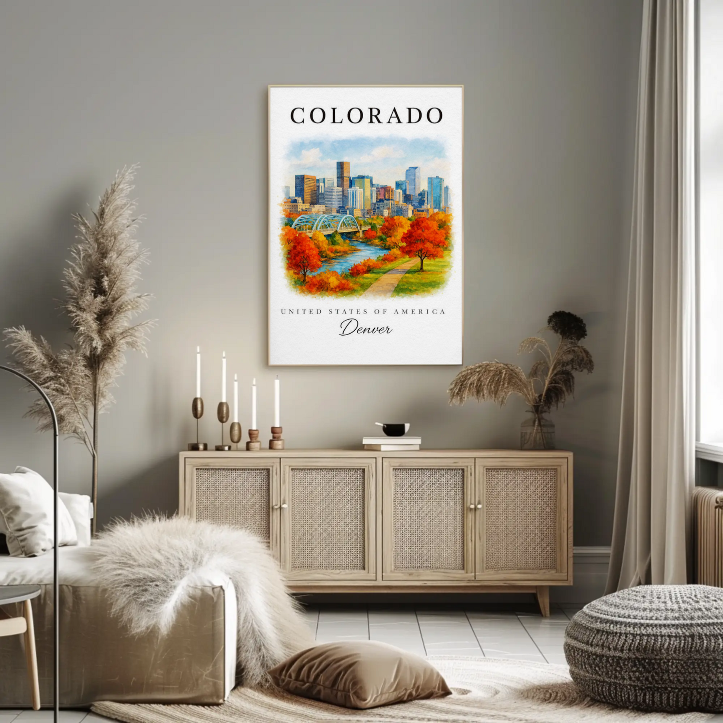 Denver Skyline Autumn Path River Travel Poster