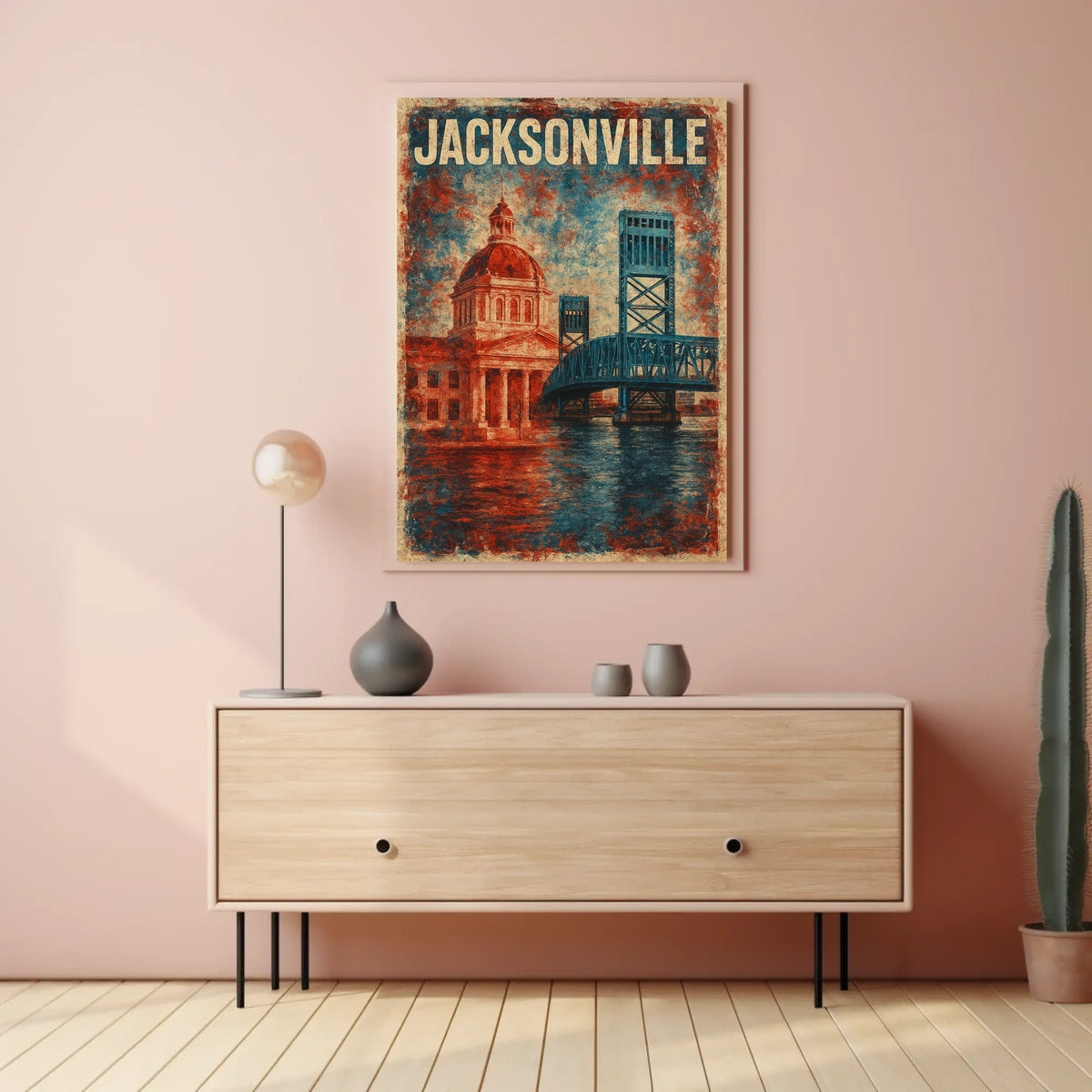 Jacksonville Landmarks Americana Cityscape Watercolor Florida Skyline Heritage Texture Patriotic Poster