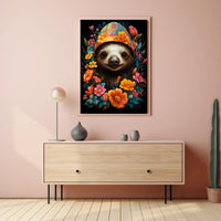 Floral Fiesta Joyful Sloth Whimsical Poster