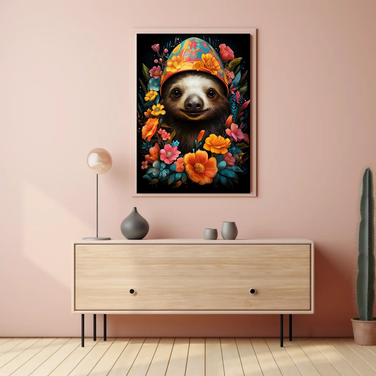 Floral Fiesta Joyful Sloth Whimsical Poster