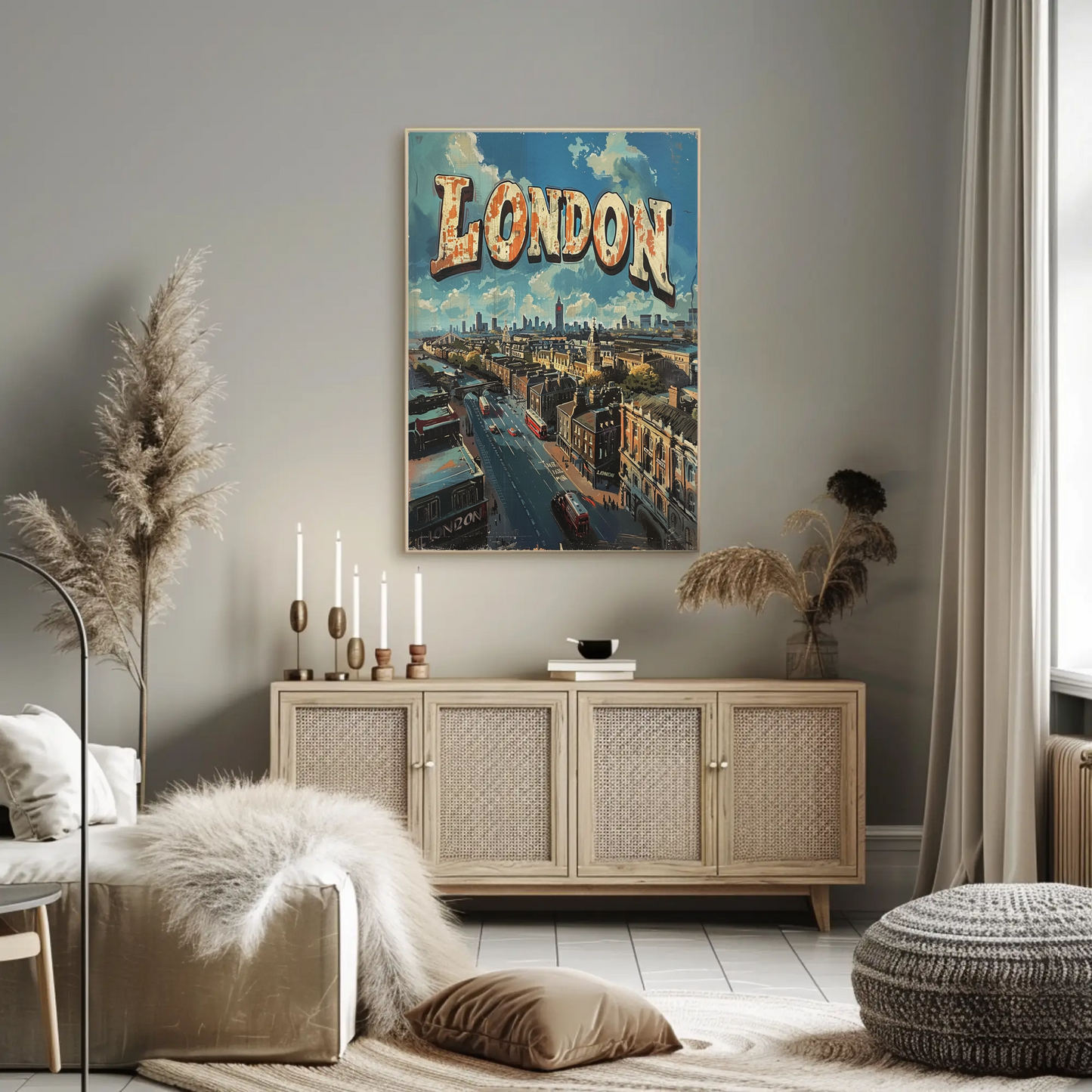 London Rooftop Cityscape Red Bus Skyline Travel Poster