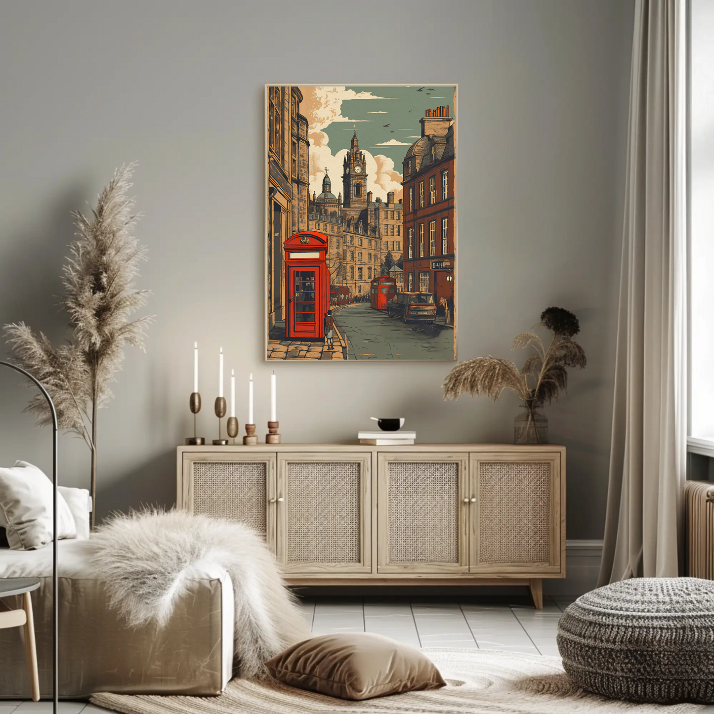 European City Clock Tower Phone Box Vintage Travel Poster