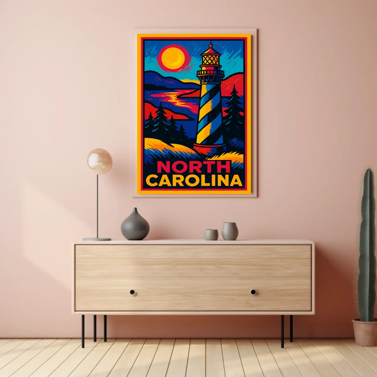 North Carolina Lighthouse Wanderlust Vintage Poster
