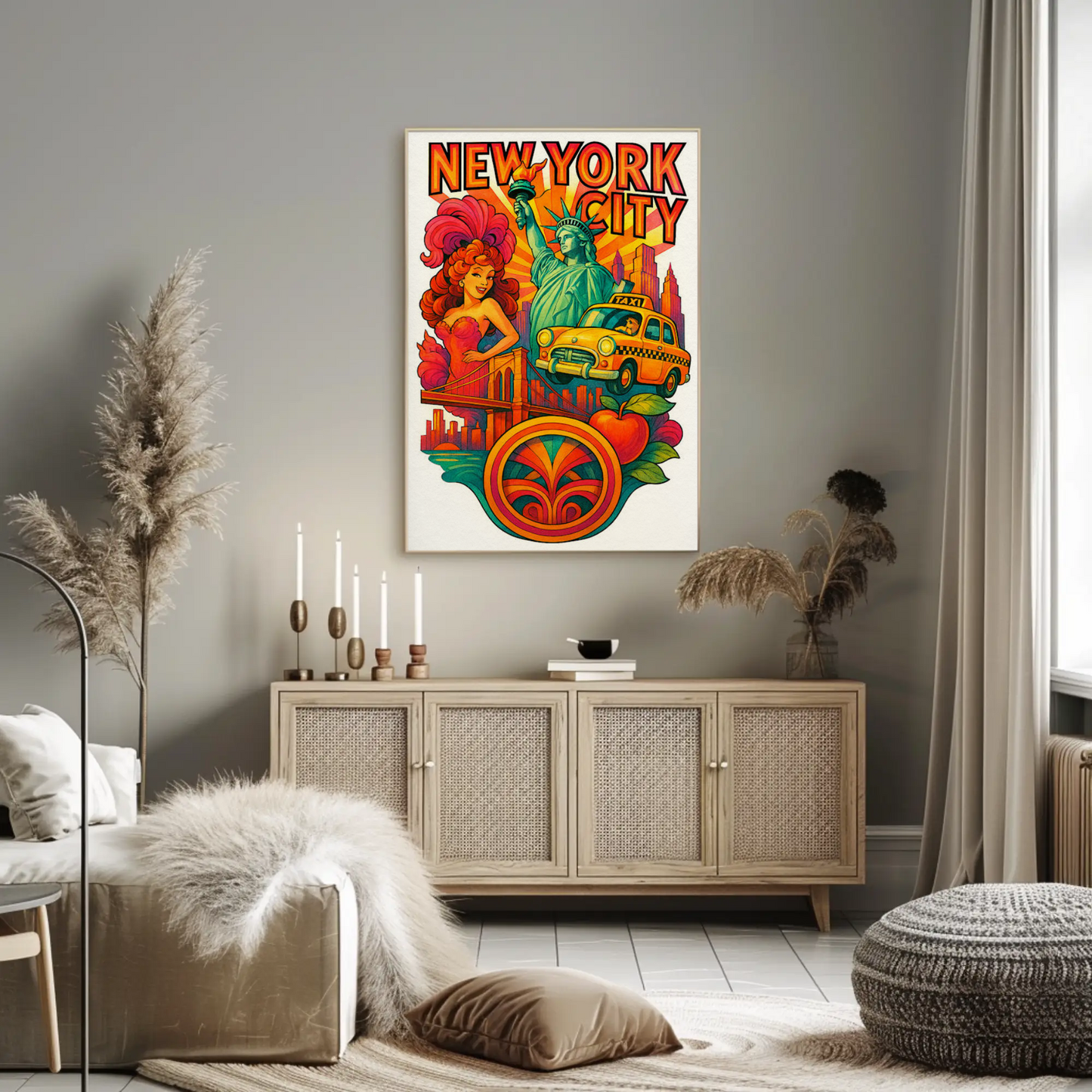 New York City Statue Brooklyn Bridge Vintage Taxi Travel Poster