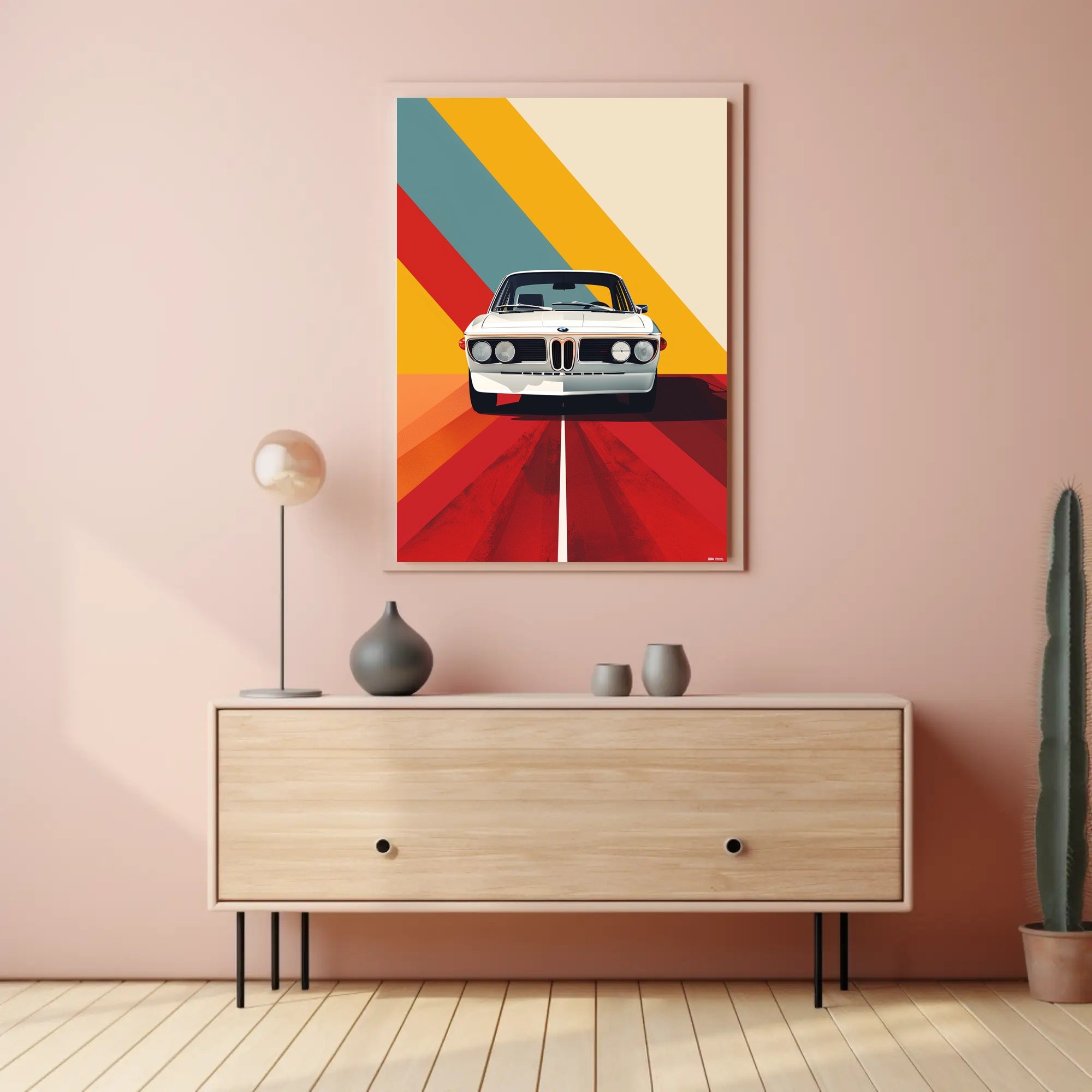 Classic White Car Adventure Vibrant Abstract or Artistic Poster PosterGoat