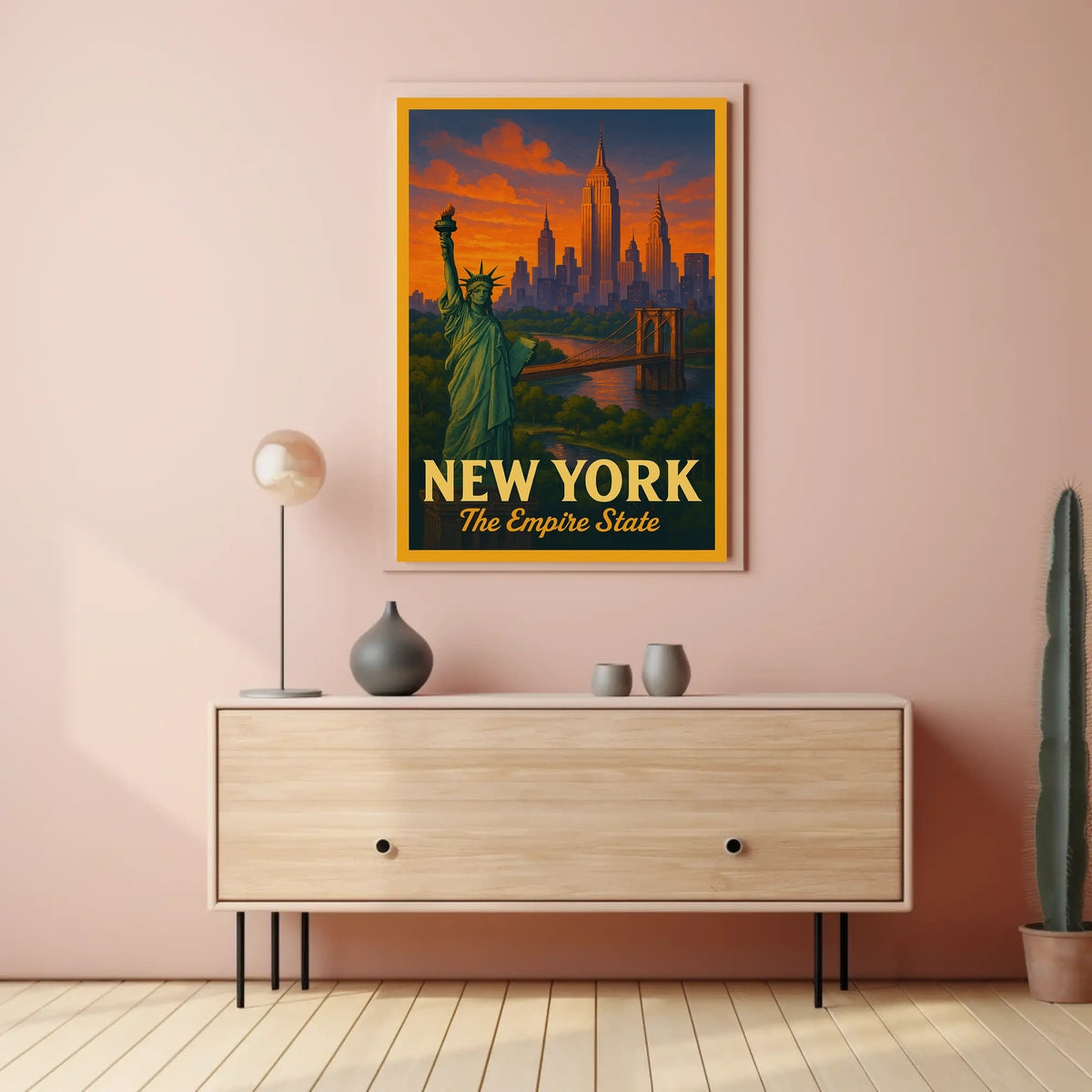 New York City Landmarks At Sunset Poster Vintage Wall Art