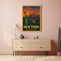 New York City Landmarks At Sunset Poster Vintage Wall Art