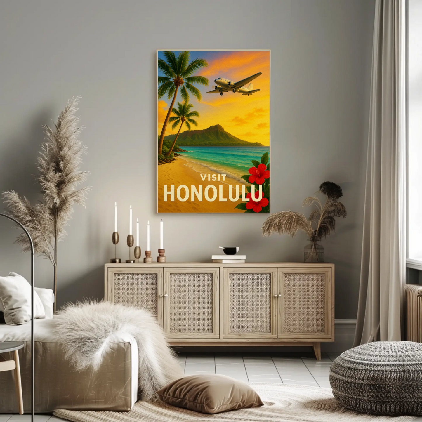 Visit Honolulu Hawaii Vintage Plane Palm Beach Travel Poster