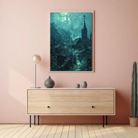 Mysterious Gothic Village Poster with Moonlit Atmosphere PosterGoat