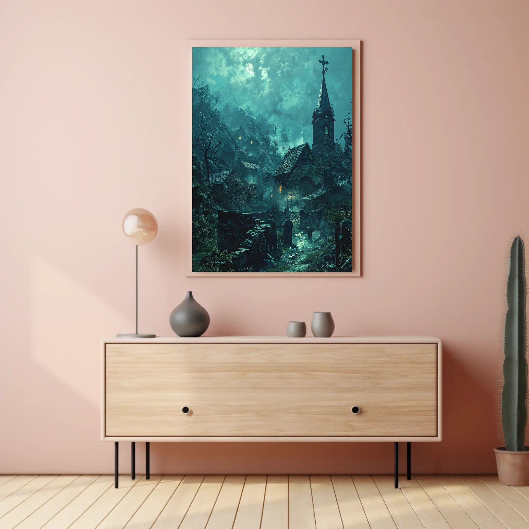 Mysterious Gothic Village Poster with Moonlit Atmosphere PosterGoat