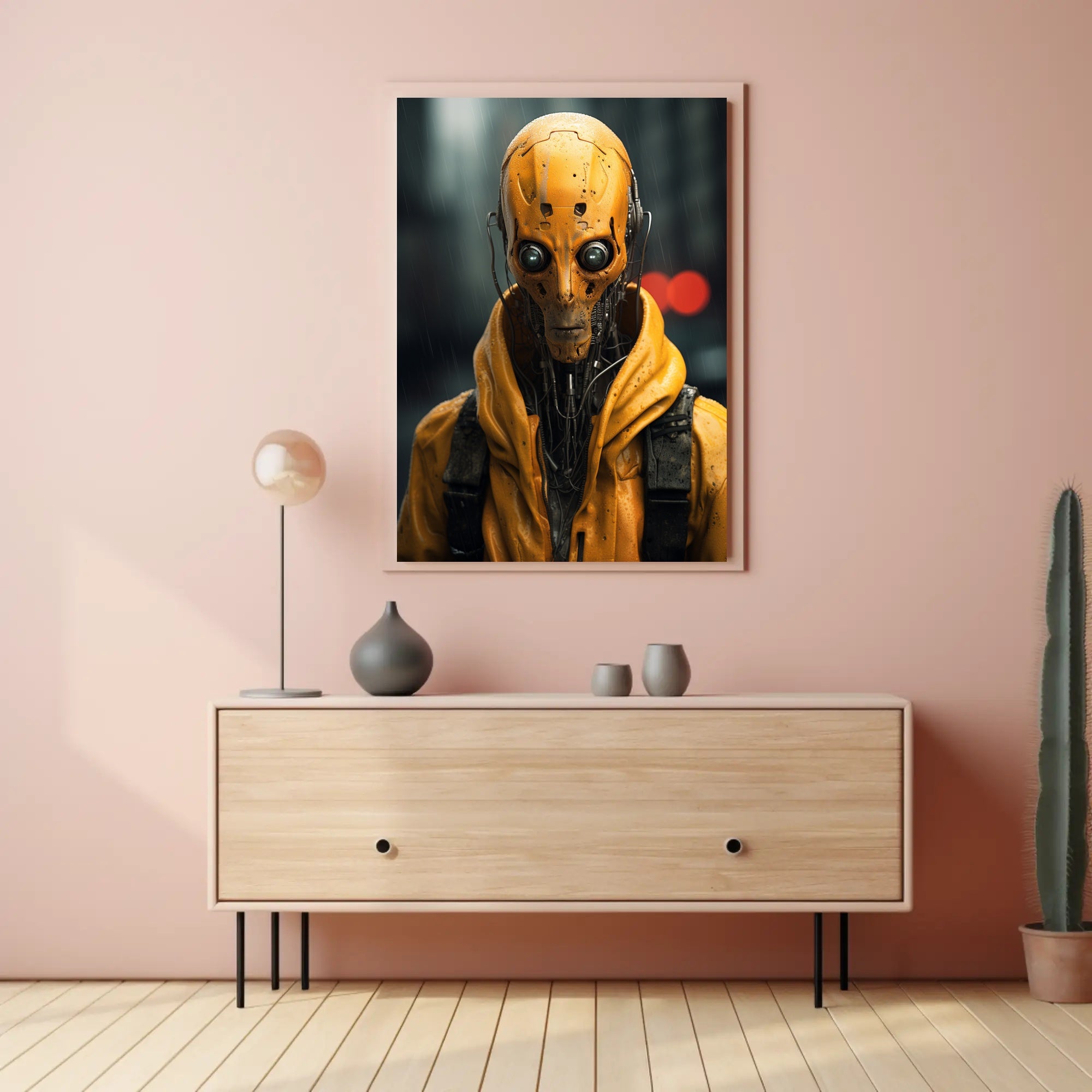 Cybernetic Sentinel In The Rain Poster PosterGoat