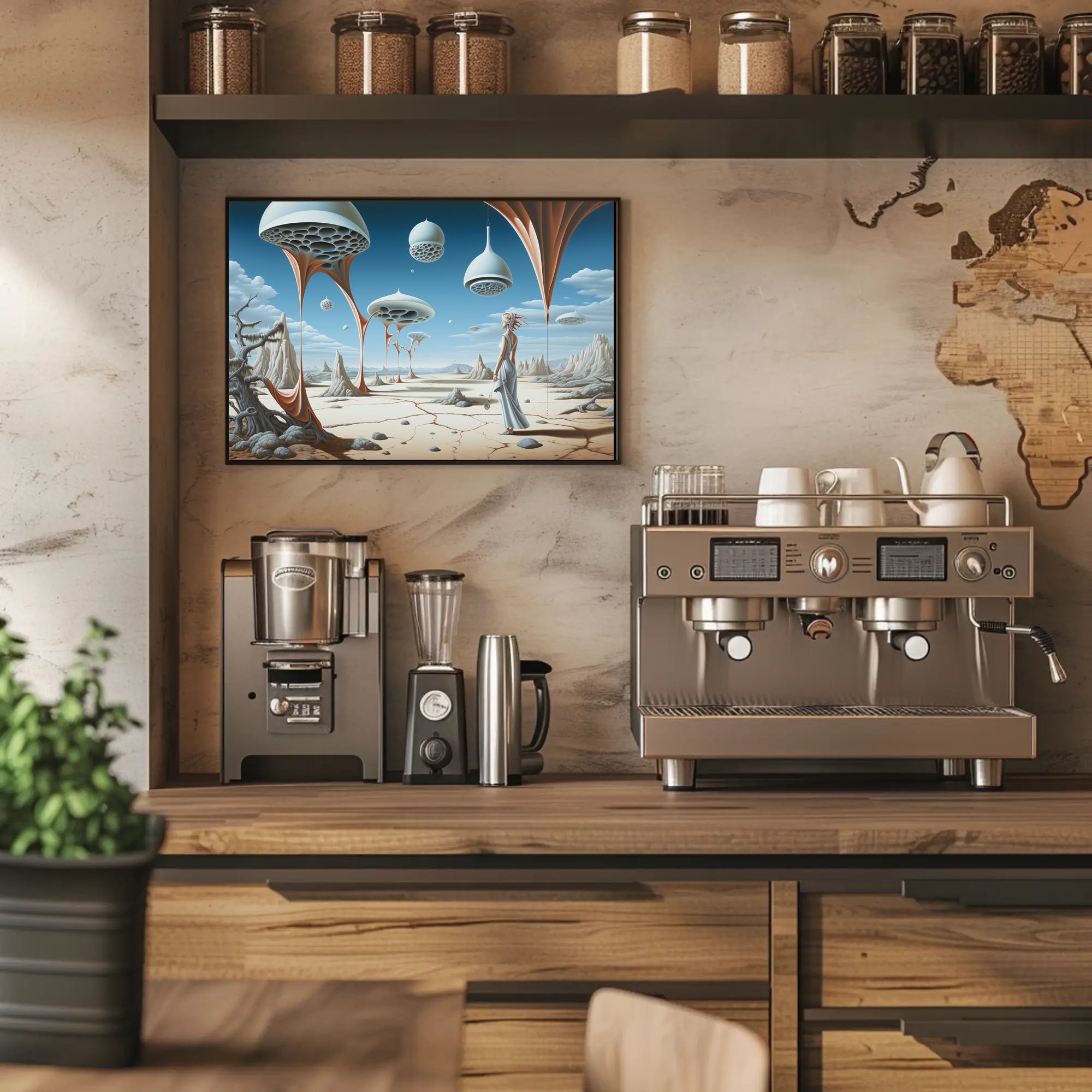 Surreal Desert Traveler with Futuristic Sci-Fi Poster