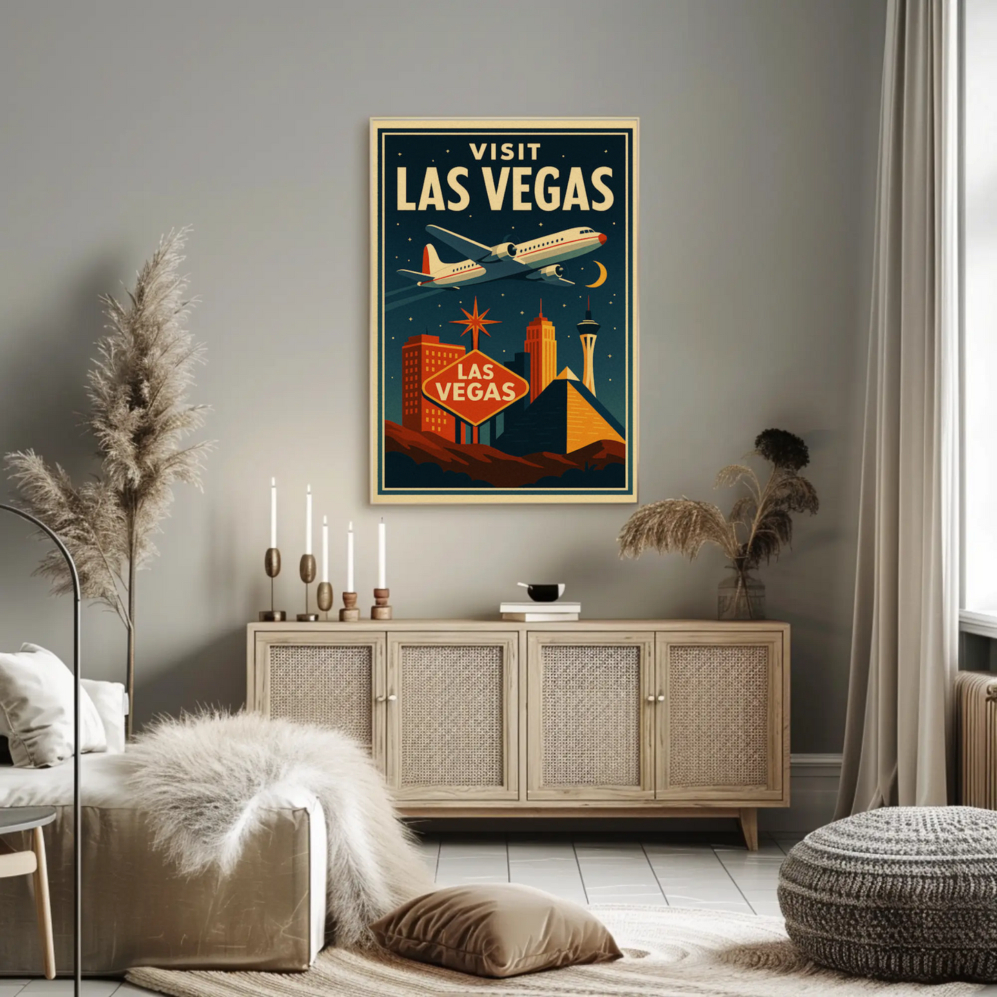 Visit Las Vegas Stylized Airliner Night Neon Glow Travel Poster