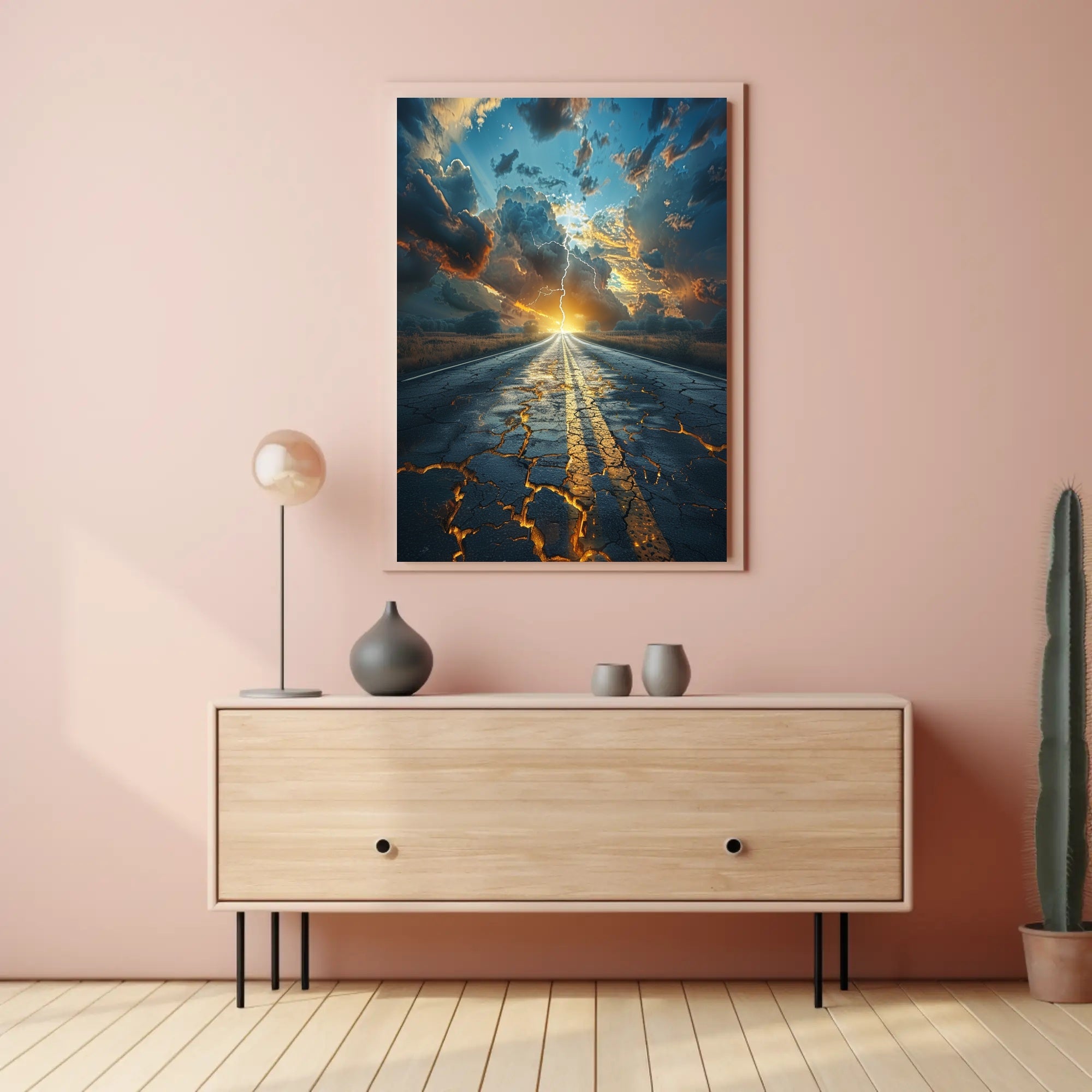 Road Lightning: Dramatic Landscape Surrealism Artistic Poster PosterGoat
