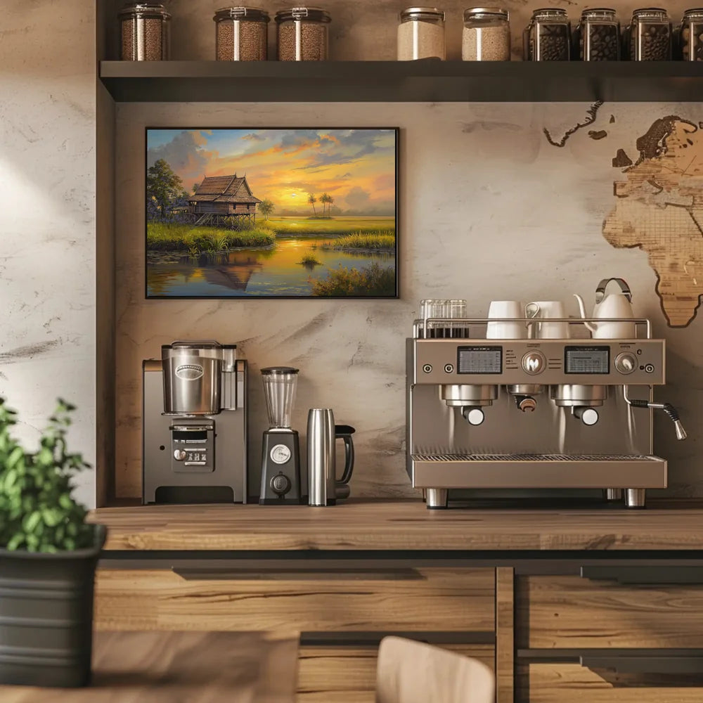 Serene Southeast Asian Sunset Rural Scene Poster