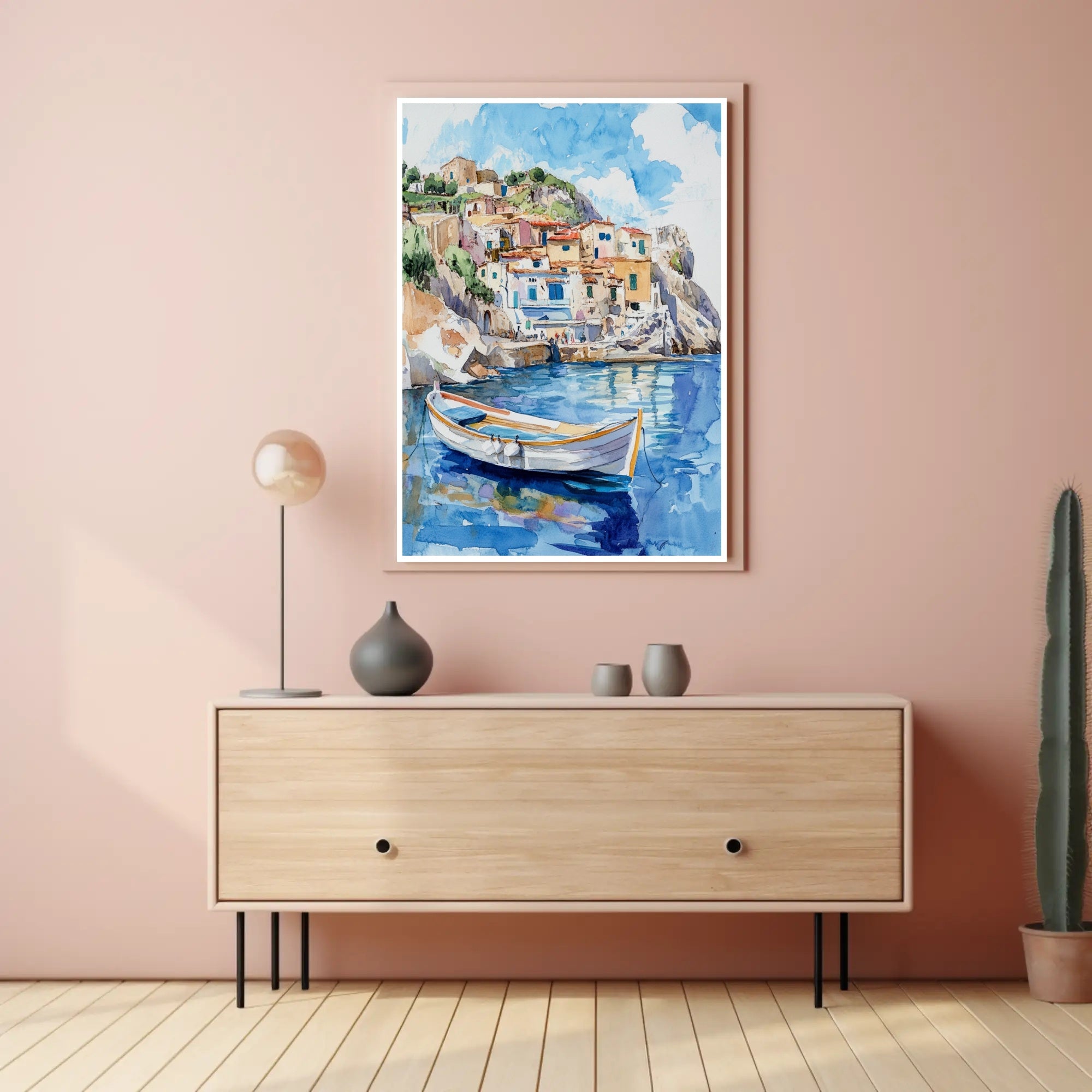 Serene Coastal Village Poster PosterGoat