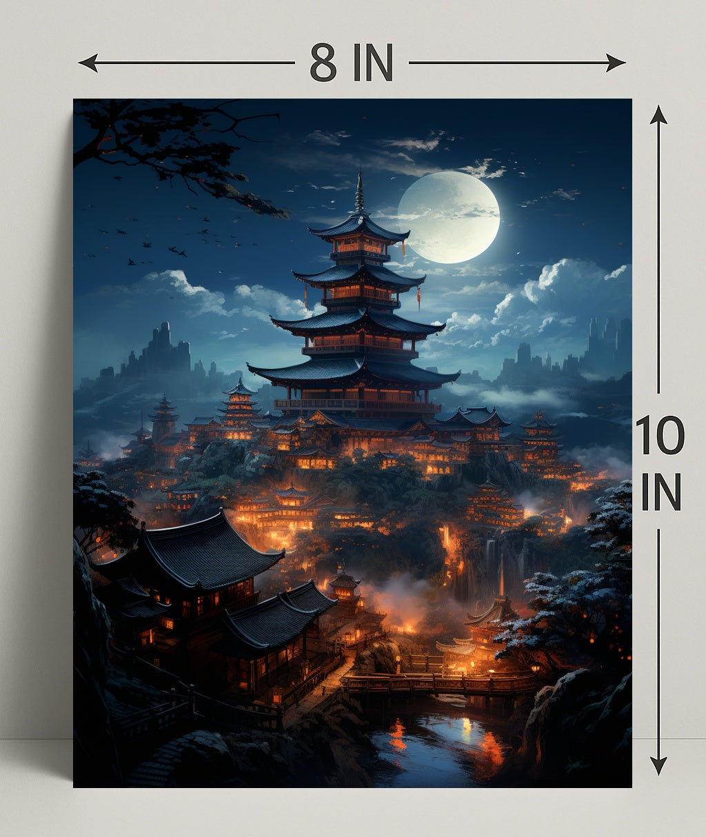Moonlit Pagoda Village Poster