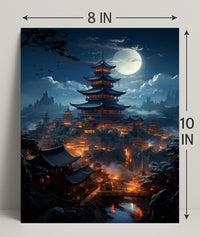 Moonlit Pagoda Village Poster