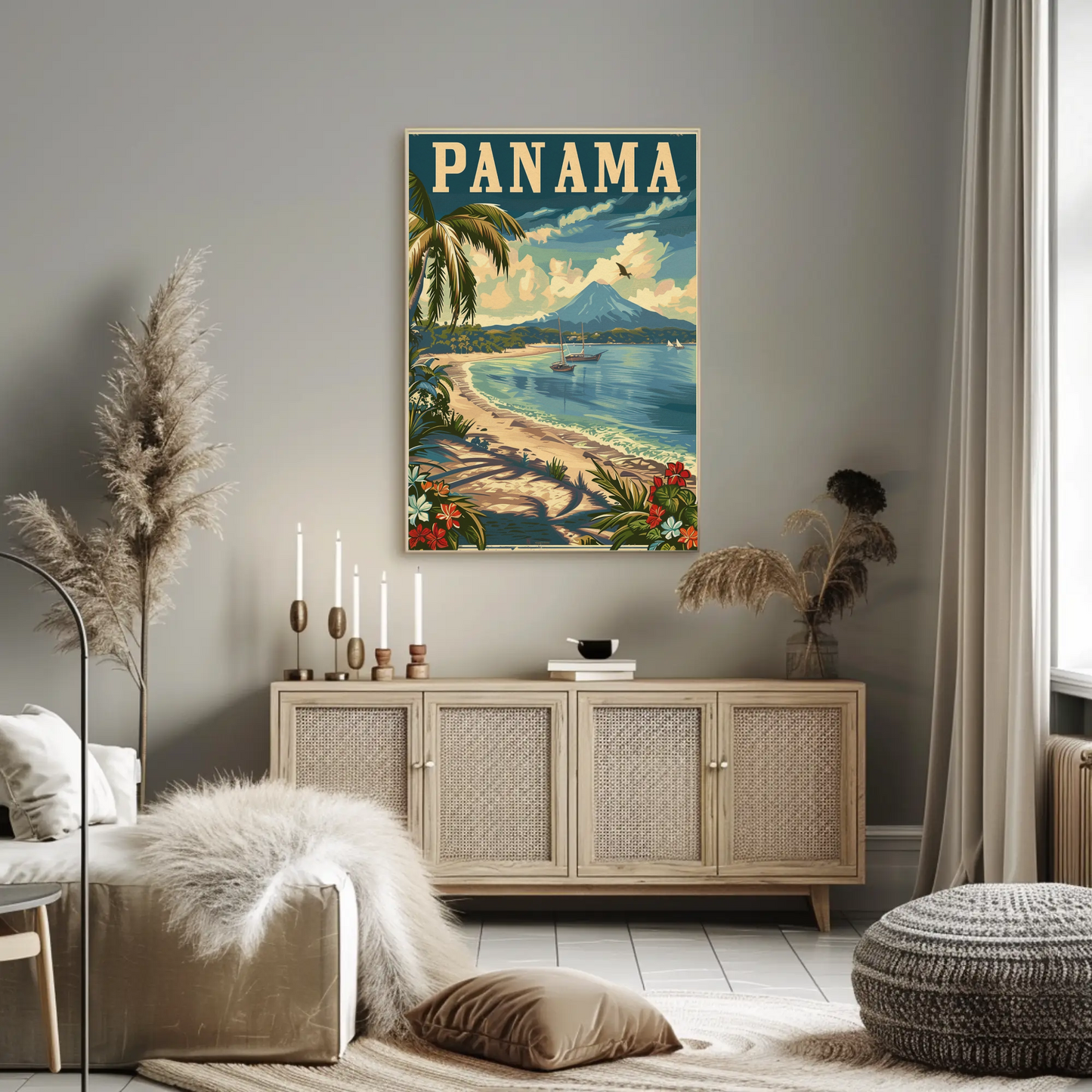 Panama Beach Volcano Sailboats Paradise Travel Poster