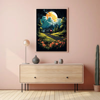 Moonlit Journey Vintage Train Surrealism Floral Meadow Night Travel Nostalgic Romance Poster