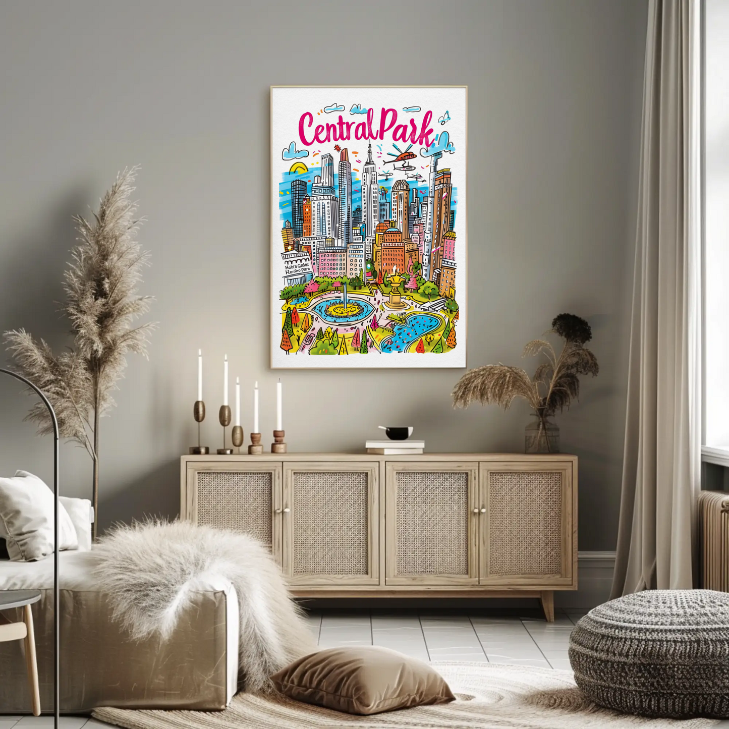Central Park New York Cityscape Colorful Skyline Travel Poster