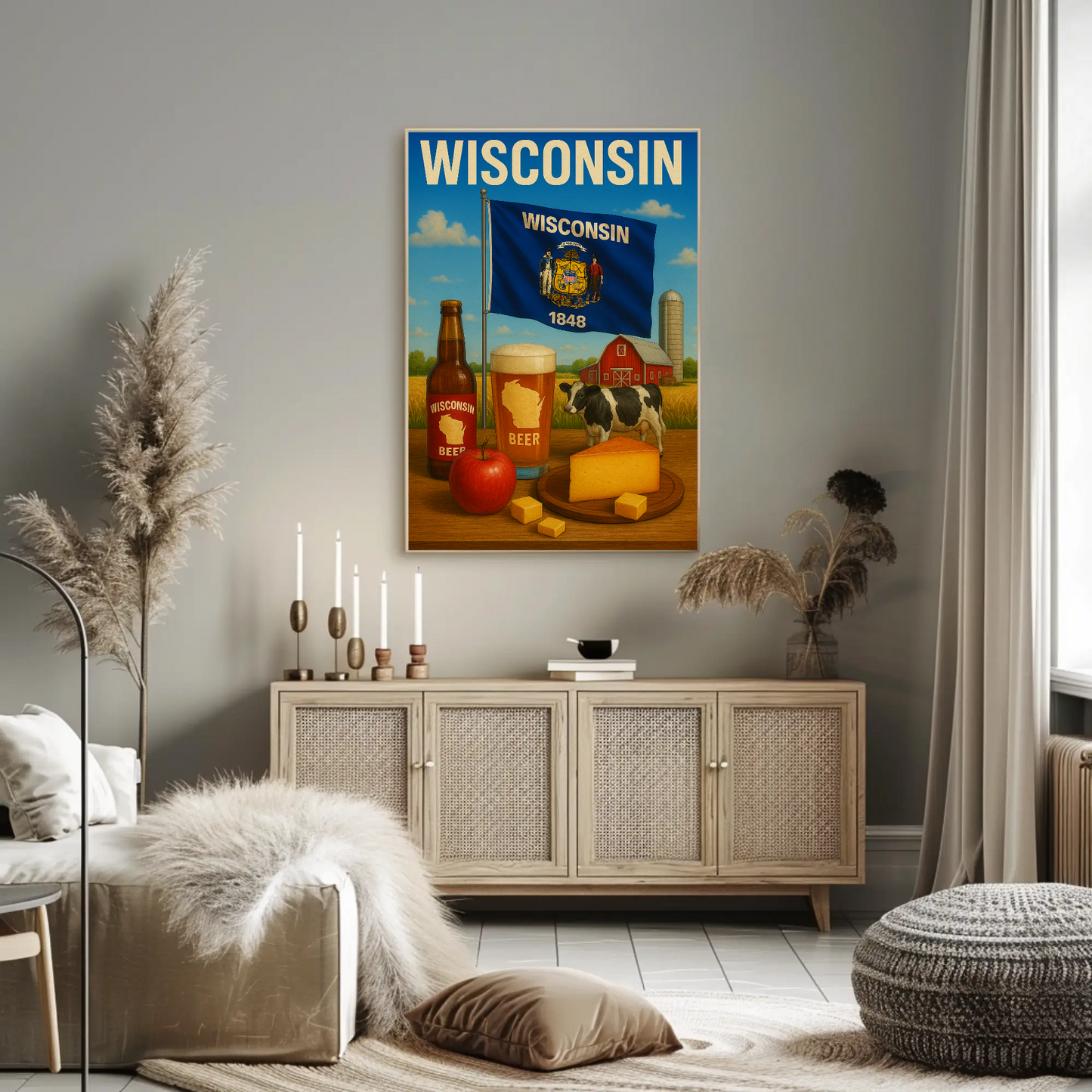 Wisconsin Beer Cheese Cow Barn Farm Apple Travel Poster