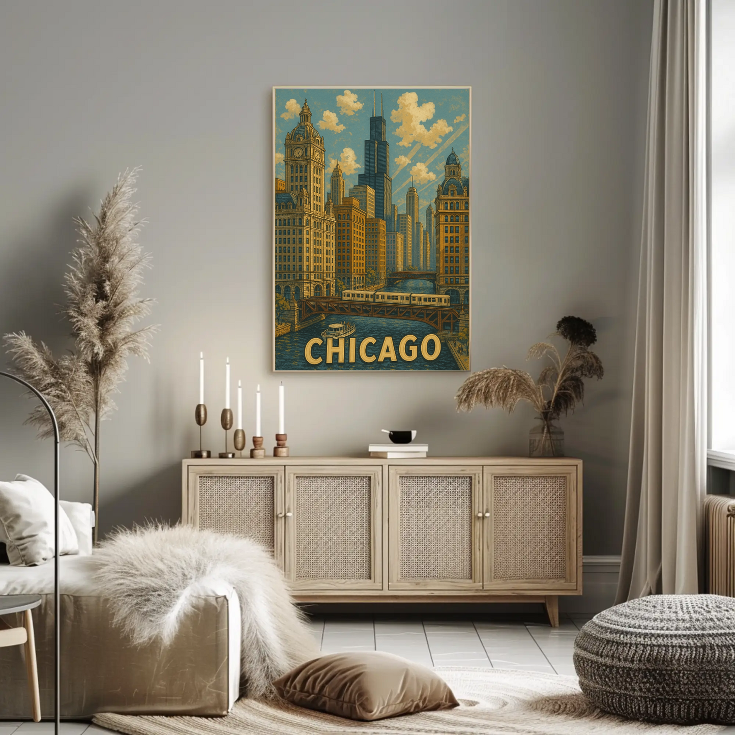 Chicago River Bridge Willis Tower Urban Travel Poster