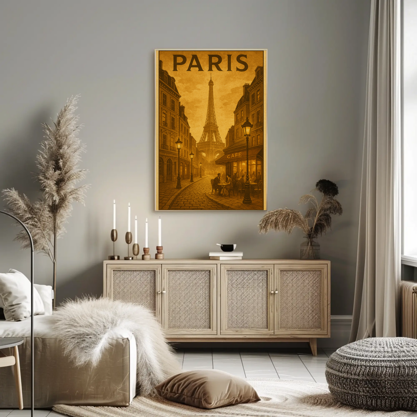 Paris Café Eiffel Sepia Travel Poster